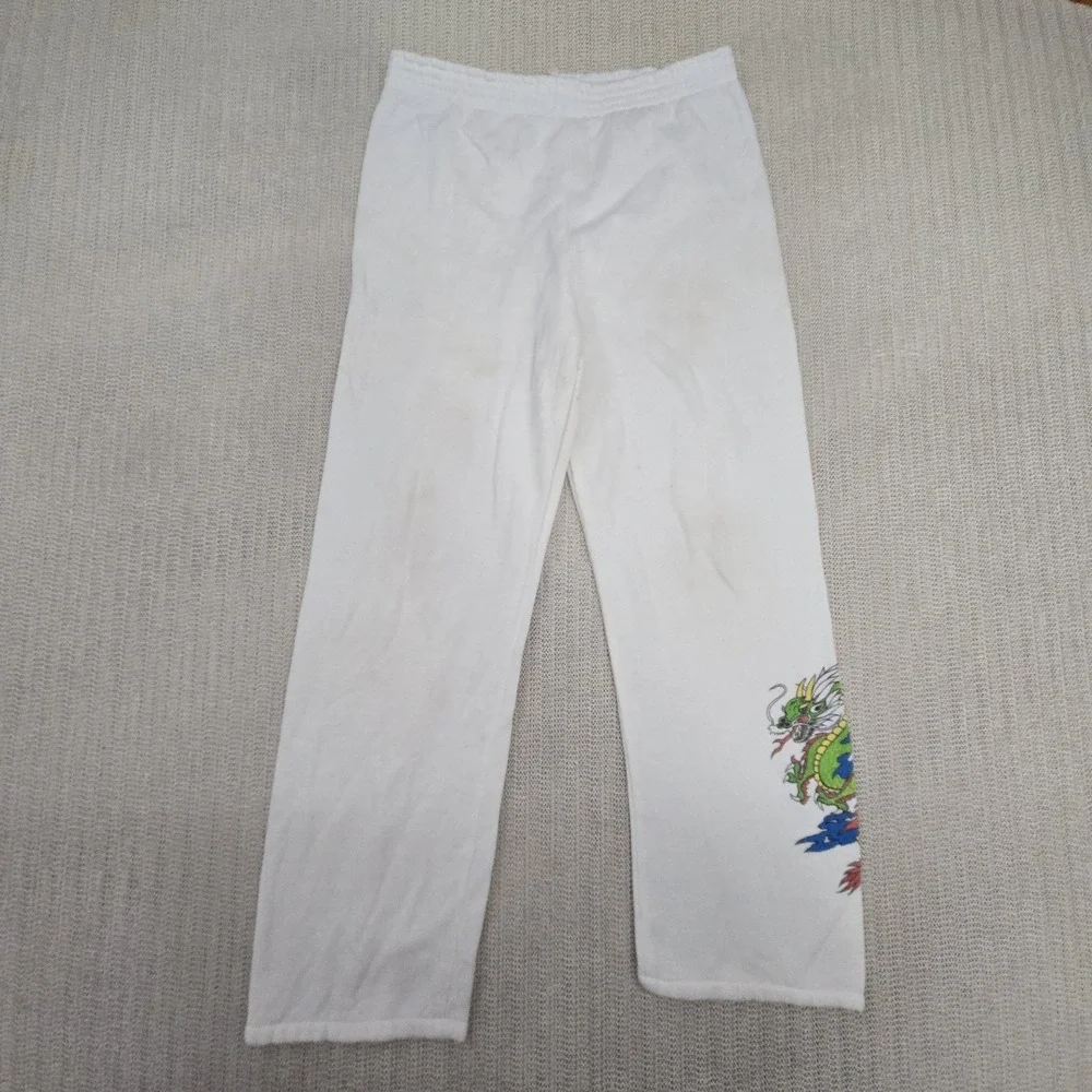 Vintage Sweatpants Youth 14 White Dragon Graphic Knit Elastic Waist Lounge Pants